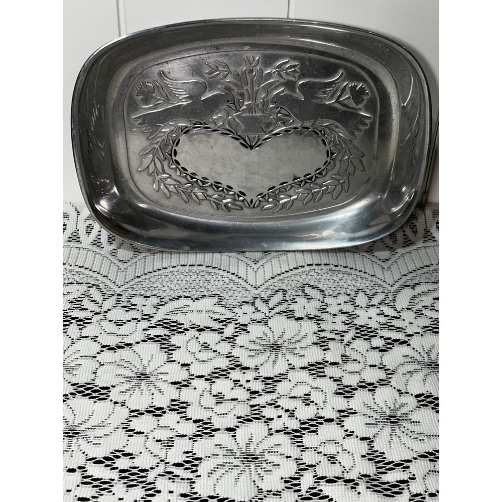 Vintage Pewter Serving Tray Heart Birds Floral Repousse Rectangular Dish